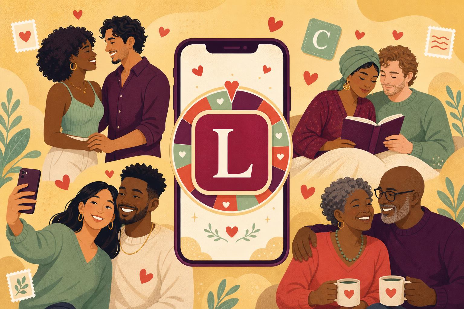Diverse couples around a phone showing the Letters of Love spin screen